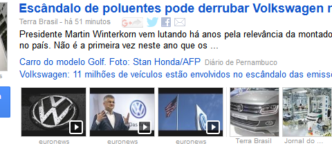 Das Volkswagen-Erdbeben verdrängt derzeit sogar die Politik aus den Schlagzeilen und zwar weltweit. Hier Schlagzeilen aus Brasilien in Google Brasil.