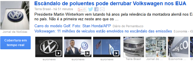 Das Volkswagen-Erdbeben verdrängt derzeit sogar die Politik aus den Schlagzeilen und zwar weltweit. Hier Schlagzeilen aus Brasilien in Google Brasil.