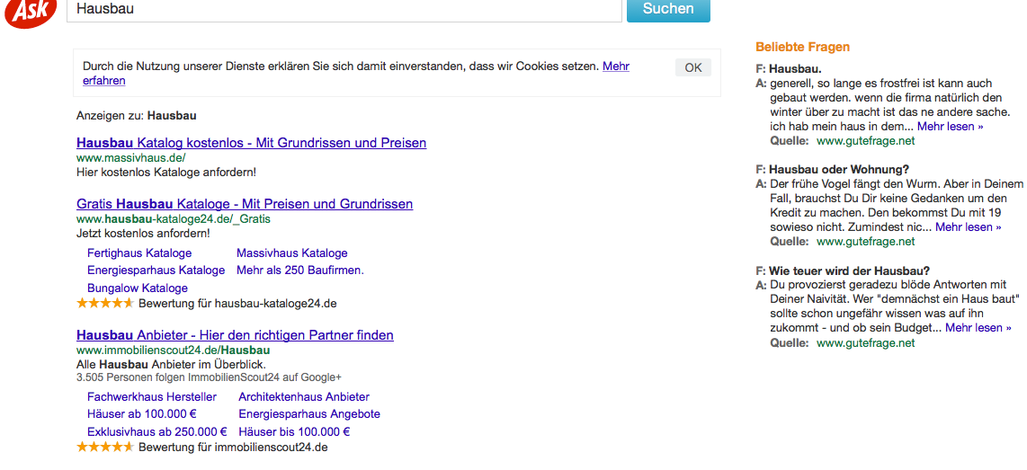 Die Internetsuchmaschine ask.com.