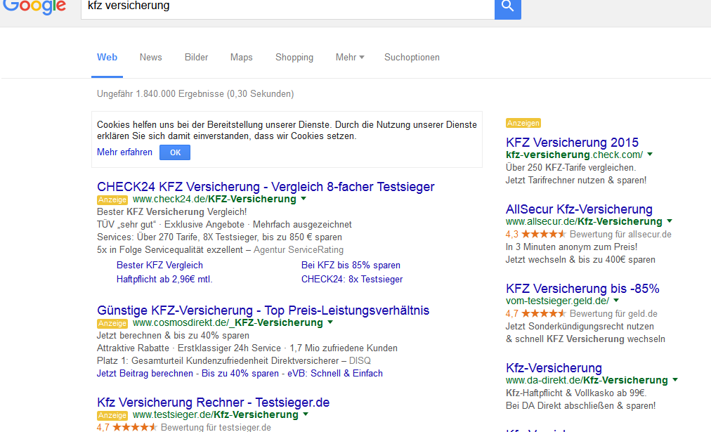 Kfz-Versicherungswechsel: Wer in Google jetzt wirbt, zahlt kräftig.
