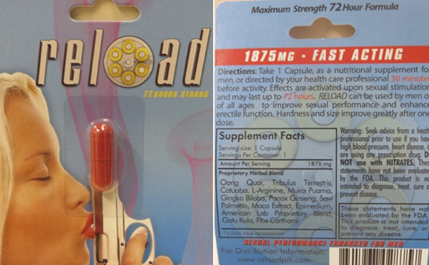 Die US-Aufsichtsbehörde FDA warnte bereits 2013 vor dem angeblich pflanzlich sexuell stimulierenden Viagra-Verschnitt \"Reload\" (Bild).