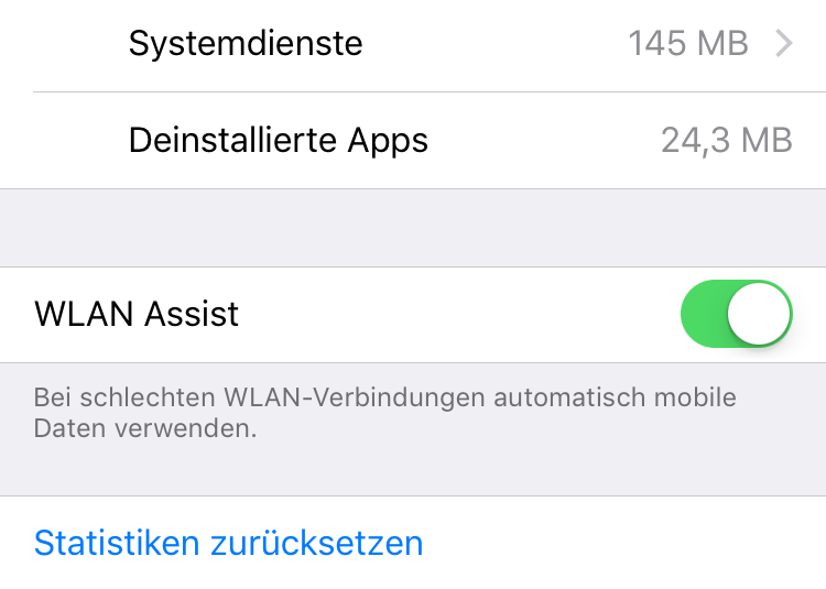 Nach der Installation von iOS 9 ist der WLAN Assist automatisch aktiviert