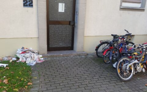 Karlsruher Hauseingang Anfang Dezember 2015. Das Wohnaus steht nicht etwa am Karlsruher Stadtrand, sondern mitten im Zentrum. Der Dreck scheint niemanden groß zu stören.