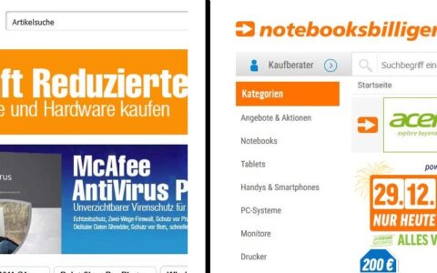 Zwei Webseiten im Clinch: Links softwarebilliger, rechts notebooksbilliger. Grafisch scheinen die Seiten deutlich unterscheidbar, doch sieht das notebooksbilliger.de nicht so.