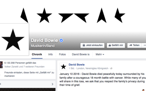 Schwarze Sterne zur Erinnerung an den großen David Bowie auf seiner Facebook-Seite.