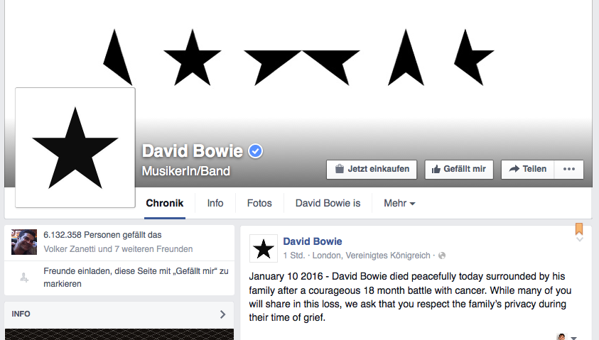 Schwarze Sterne zur Erinnerung an den großen David Bowie auf seiner Facebook-Seite.
