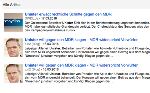 Nur ein Beispiel für Bugs in Google News: Das Portal turi2 wird mit der gleichen News doppelt angezeigt. Andere Portale, die ebenfalls zum Thema berichteten, fehlen plötzlich ganz in der Indizierung in Google News.