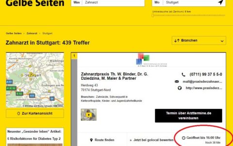 Cool: Die Gelben Seiten bieten online stets minutengenau an, wie lange ein Arzt oder sonstiger Dienstleister noch geöffnet hat.