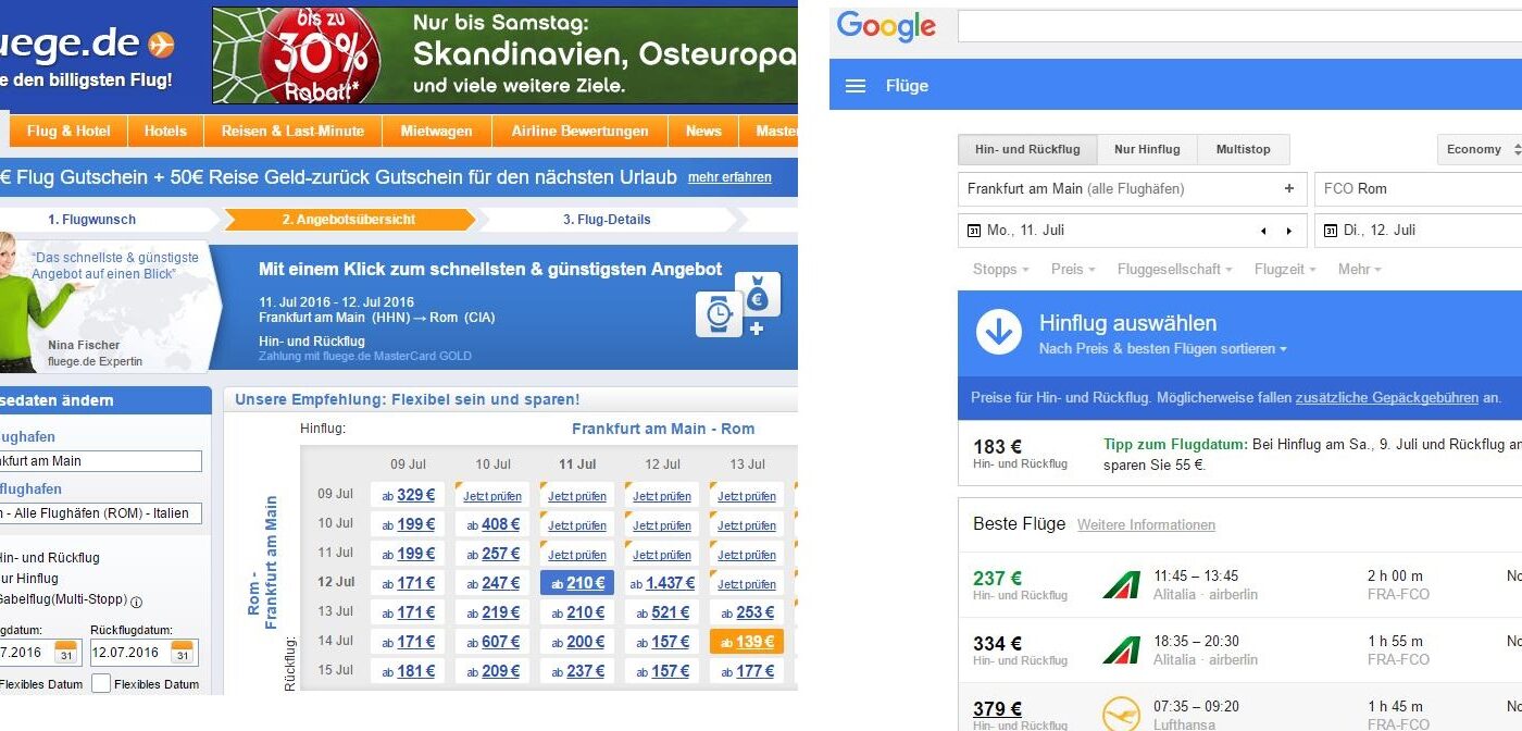 Zwei Anbieter von Flugtickets: Links fluege.de, rechts Google Flüge. In unserem Kurztest fehlte bei Google Flights für den Rom-Flug ab Frankfurt Ryanair. Deshalb war fluege.de billiger.