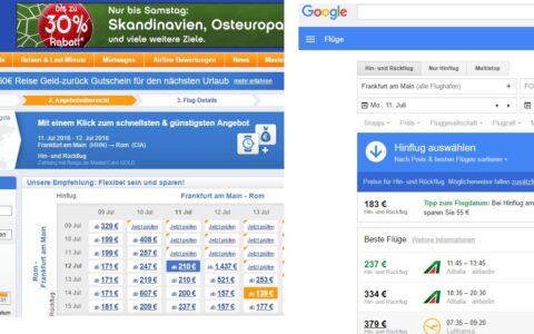 Zwei Anbieter von Flugtickets: Links fluege.de, rechts Google Flüge. In unserem Kurztest fehlte bei Google Flights für den Rom-Flug ab Frankfurt Ryanair. Deshalb war fluege.de billiger.