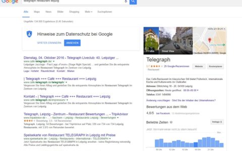 Wir haben die Anfrage gegen 18 Uhr gestartet und sehen derzeit klar: Im Leipziger Restaurant Telegraph - ein beliebter Treffpunkt von Journalisten, Künstlern oder Internet-Leuten - ist derzeit nicht viel los. Erst zu späterer Stunde ist mit mehr Besuchern zu rechnen. Wer also einen Tisch will, sollte jetzt gehen.