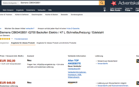 Unser Test zeigt: Amazon hat mittlerweile ein riesen Problem mit Betrugsshops in seinem Amazon Marketplace, die mit vermeintlichen Tiefstpreisen Kunden in die Abzockfalle locken. Wer beispielsweise hier an den obersten Anbieter die 392 Euro für den Siemens-Bockofen überweist, sieht das Geld nimmer wieder. Angaben, man solle vor einem Kauf erst einmal eine Mail schreiben, sind ein fast 100prozentig sicheres Indiz für Kriminelle, die auf Amazon mittlerweile unzählig ihr Unwesen treiben. Für Amazon ist das bislang ein Kampf gegen Windmühlen und ein ernstes Problem.