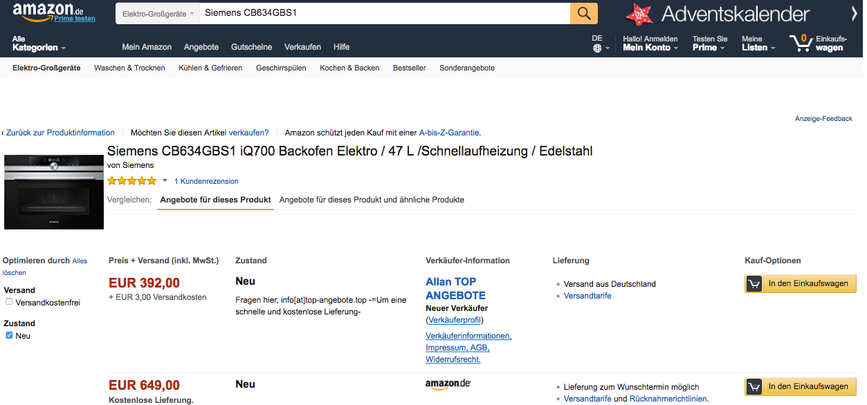 Unser Test zeigt: Amazon hat mittlerweile ein riesen Problem mit Betrugsshops in seinem Amazon Marketplace, die mit vermeintlichen Tiefstpreisen Kunden in die Abzockfalle locken. Wer beispielsweise hier an den obersten Anbieter die 392 Euro für den Siemens-Bockofen überweist, sieht das Geld nimmer wieder. Angaben, man solle vor einem Kauf erst einmal eine Mail schreiben, sind ein fast 100prozentig sicheres Indiz für Kriminelle, die auf Amazon mittlerweile unzählig ihr Unwesen treiben. Für Amazon ist das bislang ein Kampf gegen Windmühlen und ein ernstes Problem.