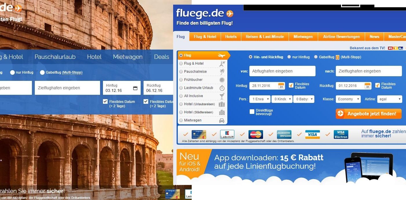 Das neue Fluege.de links und rechts das altbekannte fluege.de mit Langzeit-Testimonial Reiner Calmund.