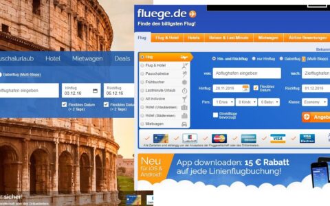 Das neue Fluege.de links und rechts das altbekannte fluege.de mit Langzeit-Testimonial Reiner Calmund.