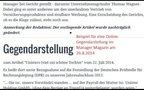 So veröffentlichte beispielsweise das Manager Magazin am 26.08.2014 online eine Gegendarstellung - nachträglich unterhalb des Original-Textes, nicht aber als eigenen Text, der neu in Google News einfließt.