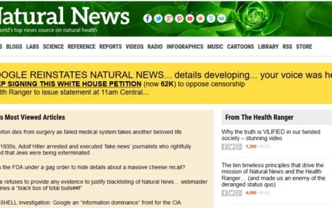 Kritiker monieren, wonach Google einmal mehr mit der Offlinenahme aus dem Google-Index von NaturalNews.com gezeigt habe, dass der Suchmaschinengigant seine Macht missbrauchen könne. (Bild: Screenshot naturalnews.com):