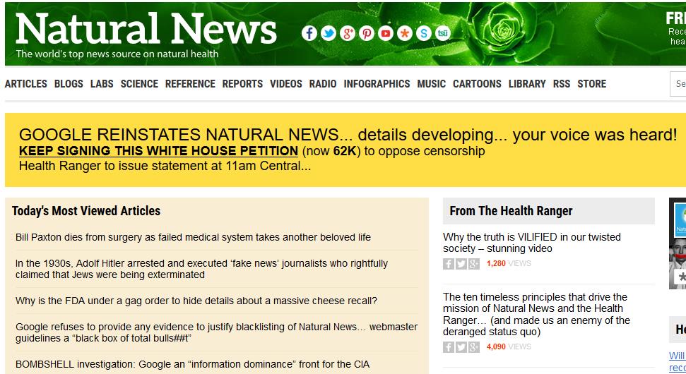 Kritiker monieren, wonach Google einmal mehr mit der Offlinenahme aus dem Google-Index von NaturalNews.com gezeigt habe, dass der Suchmaschinengigant seine Macht missbrauchen könne. (Bild: Screenshot naturalnews.com):