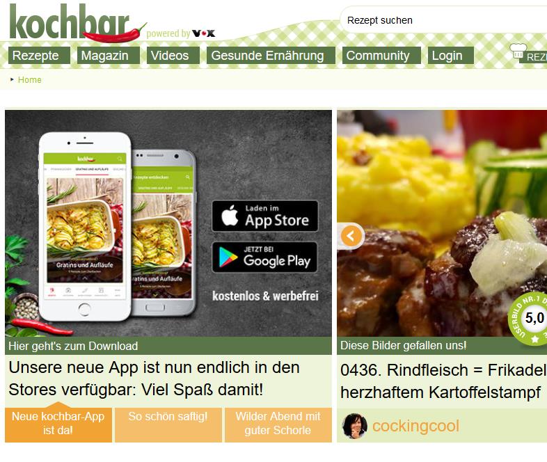 kochbar.de von RTL wächst weiter. (Bild: Screenshot)