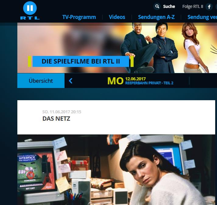 Zeigte schon vor 20 Jahren, 1995, wie Daten gestohlen werden: Der Film "Das Netz" mit Sandra Bullock. Hier eine Programm-Mitteilung von RTL II.