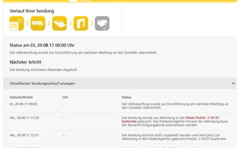 Tag 8 der Paket-Zustellung bei DHL in Karlsruhe. Versprochen hat die DHL-Holine viel, doch nichts in diesem Fall gehalten. Das ist der Abruf vom 1. September 2017. Das Paket ist immer noch nicht da..
