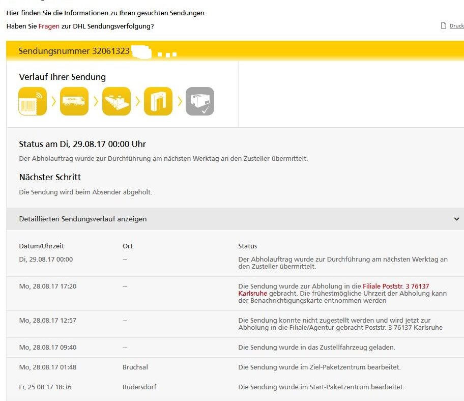 Tag 8 der Paket-Zustellung bei DHL in Karlsruhe. Versprochen hat die DHL-Holine viel, doch nichts in diesem Fall gehalten. Das ist der Abruf vom 1. September 2017. Das Paket ist immer noch nicht da..