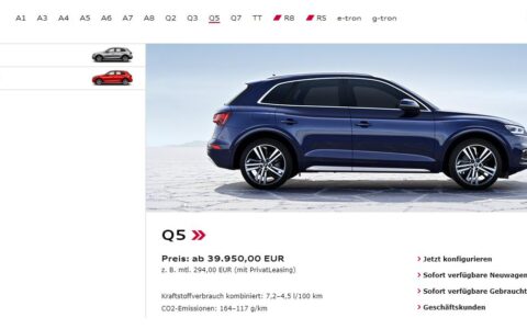 Wenn man auf der neuen Audi-Gebrauchtwagenbörse auf die obere Menüleiste klickt, kommt man erstmal zur Konfiguration für Neuwagen. Etwas verwirrend!