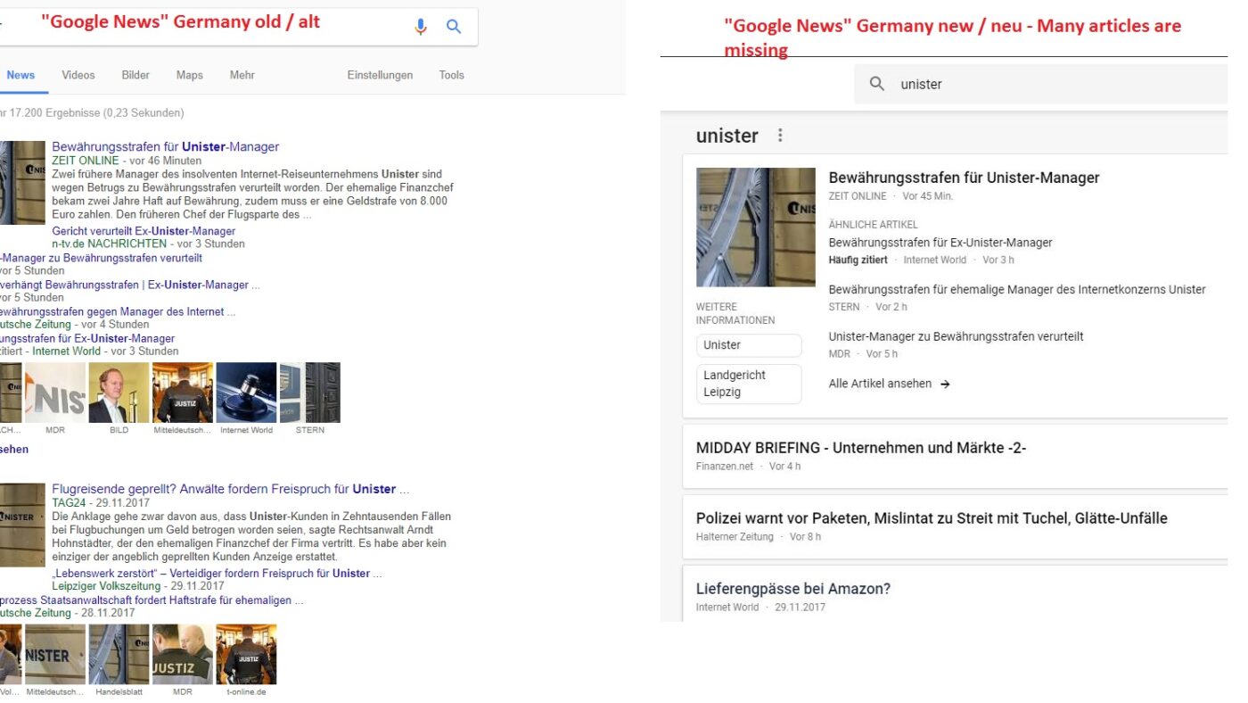 "Google News" Germany ist ein Anschlag gegen Blogs, verschläft oft neueste Artikel und archiviert schneller als man schauen kann. Einen ordentlichen Nachrichtenüberblick kriegt man da nicht mehr. Zudem werden die klassischen großen Medien fast schon monopolartig alles Dominierend eingeblendet - manche Medien, wie "Die Welt" bis zu acht mal nur auf der Desktop-Startseite in unserem kleinen Kurztest.
