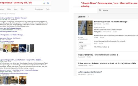 "Google News" Germany ist ein Anschlag gegen Blogs, verschläft oft neueste Artikel und archiviert schneller als man schauen kann. Einen ordentlichen Nachrichtenüberblick kriegt man da nicht mehr. Zudem werden die klassischen großen Medien fast schon monopolartig alles Dominierend eingeblendet - manche Medien, wie "Die Welt" bis zu acht mal nur auf der Desktop-Startseite in unserem kleinen Kurztest.