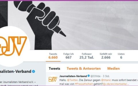 Auch der DJV mokiert sich wegen Account-Sperrung von Titanic. Bild: Screenshot DJV auf Twitter.