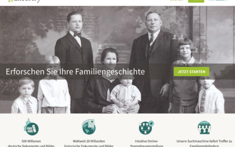 Die Homepage des Anbieters Ancestry.de ist übersichtlich und ansprechend gestaltet.