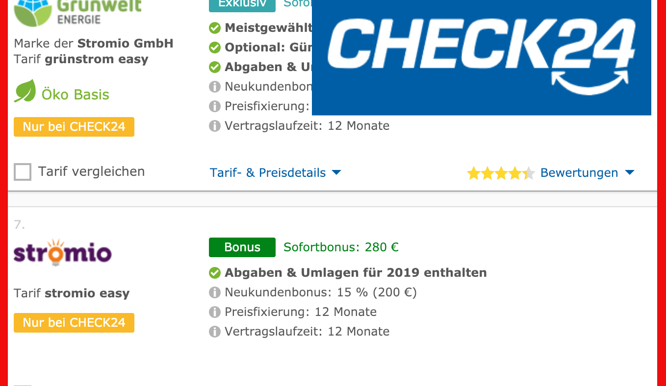 Auf Check24.de wirbt die umstrittene Stromio GmbH aus Kaarst mit ihren zwei Marken Stromio und Grünwelt Energie um neue Kunden.