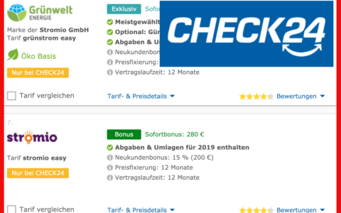 Auf Check24.de wirbt die umstrittene Stromio GmbH aus Kaarst mit ihren zwei Marken Stromio und Grünwelt Energie um neue Kunden.