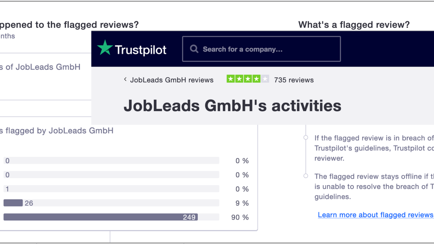 Wie Jobleads das öffentliche Erscheinungsbild manipuliert lässt sich schön auf Trustpilot ablesen.