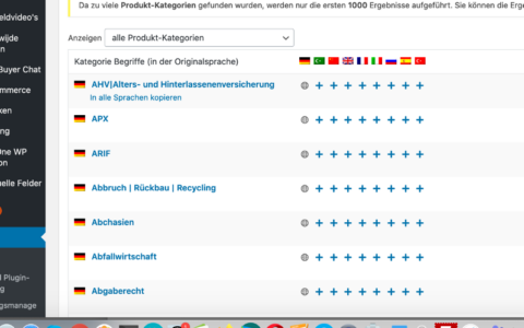 In dieser Wordpress-Seite zum WPML Translate Plug-In sieht man es gut: Sind z.B. bei den Kategorien noch lauter «+»-Zeichen unter den Länderflaggen, heißt das: man muss da noch die Sprachen zufügen, die über den Kategorien in den Flaggen angezeigt sind, also pro Sprache eine Page, also eine Seite anlegen. Es gibt aber auch die Funktion, dass man da dann alle Sprachen mit einem Klick pro Kategorie zufügt. Was nicht geht ist, dass man mit einem Klick ALLE angelegten Pages so anlegen lässt, dass sie übersetzbar werden mit WPML. Deshalb ist das Tool zeitintensiver als die kostenlose GTranslate-Variante.