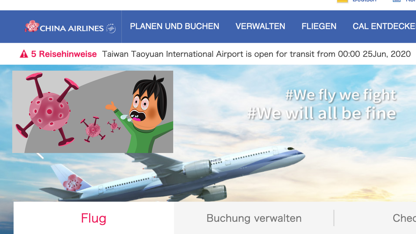 In unserer künstlerischen Collage aus der China Airlines Homepage und einem gezeichneten Corona Virus eines Künstlers auf pixabay geht ganz klar hervor: Es ist noch nicht vorbei. Immerhin schreibt China Airlines: «We fly we fight» und «We will all be fine». Nur: Das sehen Milliarden Menschen auf dem Globus derzeit anders und empfinden diese Werbung eher makaber.
