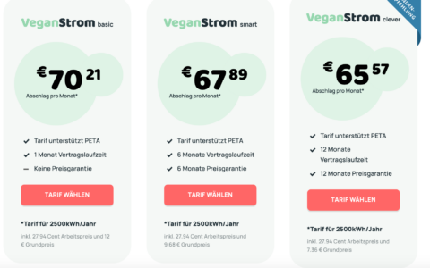 Vegan Strom und PETA ziehen in die Schlacht um mehr Tierschutz im Ökostrom-Markt. Die Tarife lassen sich sehen und sind in der üblichen Preisrange von Strom in Deutschland.