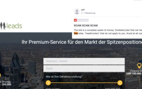 Die Homepage von Jobleads und darüber von Netz-trends eingeblendet eine negative Kundenbewertung von Jobleads.