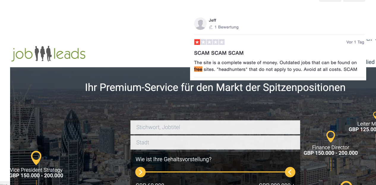 Die Homepage von Jobleads und darüber von Netz-trends eingeblendet eine negative Kundenbewertung von Jobleads.