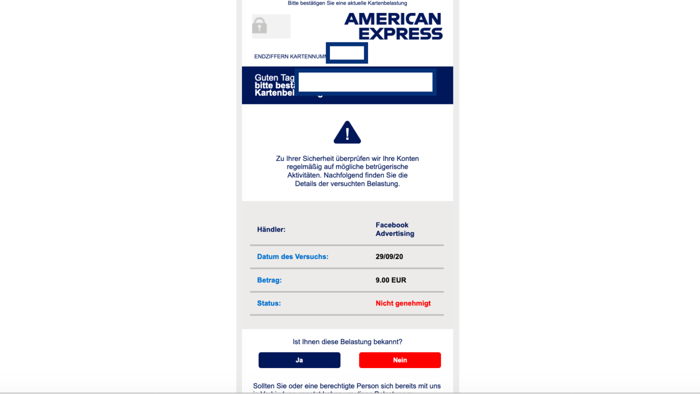 Übel: Kriminelle schalten auf Facebook vermeintliche Google Ads-Werbung und schöpfen Kreditkartendaten ab. Möglicherweise auch über gefakte andere Webseiten. Hier eine Warnung von American Express an einen Kunden.