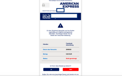 Übel: Kriminelle schalten auf Facebook vermeintliche Google Ads-Werbung und schöpfen Kreditkartendaten ab. Möglicherweise auch über gefakte andere Webseiten. Hier eine Warnung von American Express an einen Kunden.