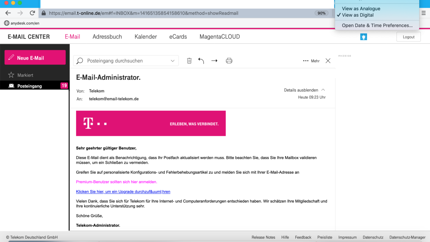 Riecht nach Fake: Ausgerechnet T-Online lässt solche ominösen E-Mails an die Kunden durch. Wir gehen von einem kriminellen Phising-Versuch aus, um an Passwörter zu kommen. Unsere Medienanfrage an die Deutsche Telekom läuft.