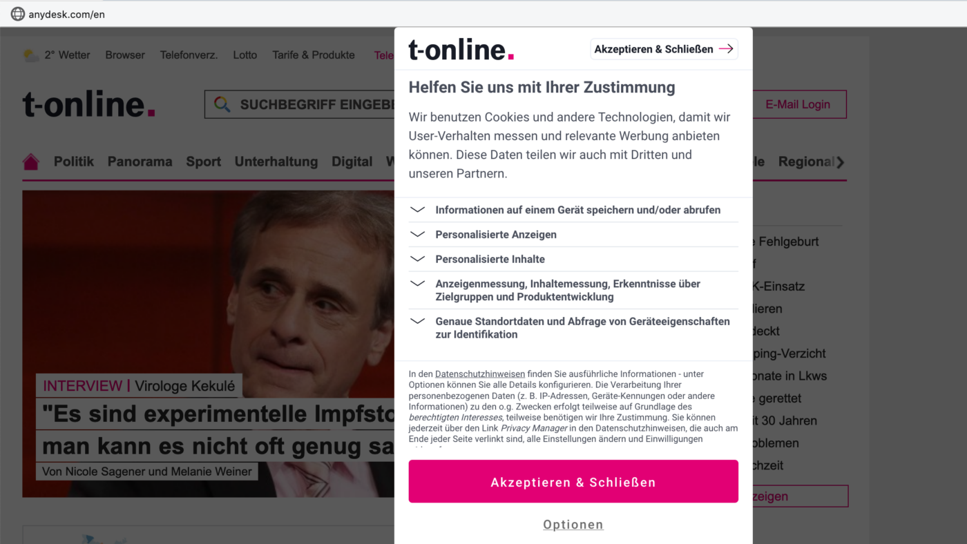 Das wäre T-Online am liebsten: Der Klick auf die rosa Klickfalle Alle Cookies akzeptieren.