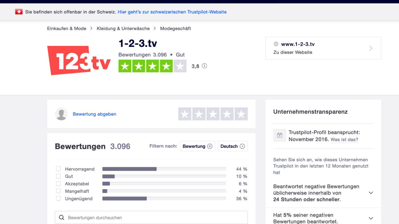 Screenshot von 123tv am 31.3.2021. Auffällig: Obwohl es nur rund 50 Prozent positive Bewertungen gibt und immerhin rund 40 Prozente negative, also mangelhafte oder ungenügende Bewertungen, vergibt Trustpilot an 1-2-3.tv ein 'gut'. Noch vor einigen Monaten krebste 123tv mit deutlich schlechteren Noten auf Trustpilot. Der plötzliche Auftrieb wurde durch dubioses Newsletter-Marketing erreicht. Jetzt wurde 123tv deshalb von Trustpilot abgemahnt.
