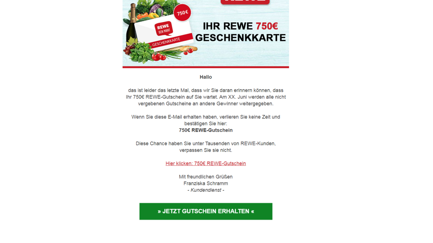Betrug: Diese angebliche REWE-E-Mail dürfte krimineller Natur sein. Netz-trends.de empfehlen ausdrücklich: Nicht klicken!