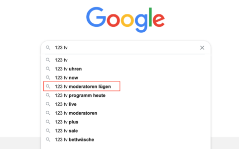Suchanfragen-Trefferliste von Google am 21. April 2021. Besonders sticht die Suchanfrage von Verbrauchern hervor zu möglichen Lügen von 123tv-Moderatoren. Netz-trends hat das rot umrandet.