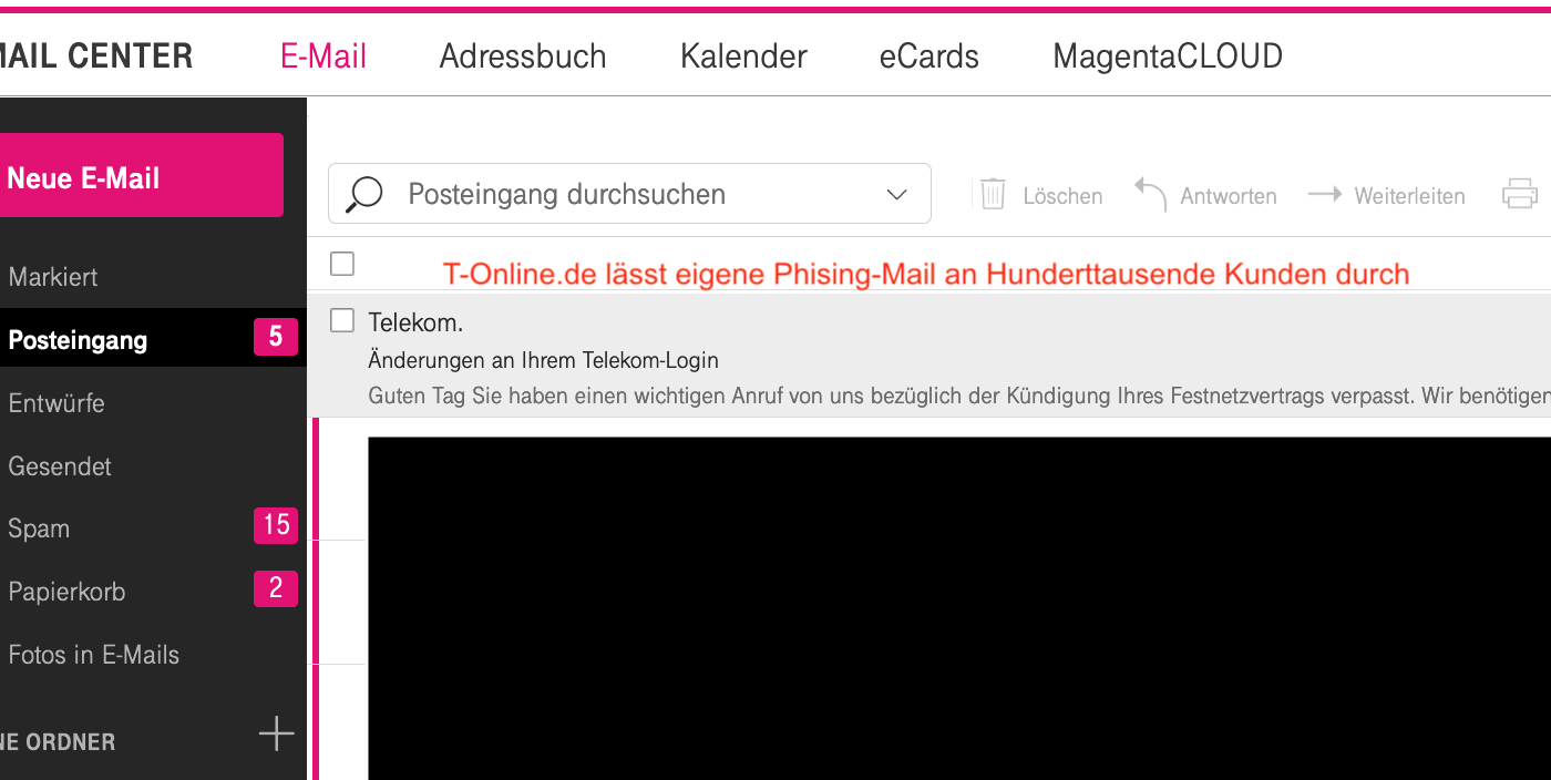 Geschätzt Hunderttausende E-Mail-Kunden von T-Online.de erhalten ausgerechnet über ihren eigenen Hosting-Service T-Online.de Phishing-Mails in angeblich eigener Sache. Ein Skandal, dass die E-Mail-Anbieter von T-Online.de Kunden nicht schützen. Ein erheblicher Verstoß gegen das europäische Datenschutzgesetz.