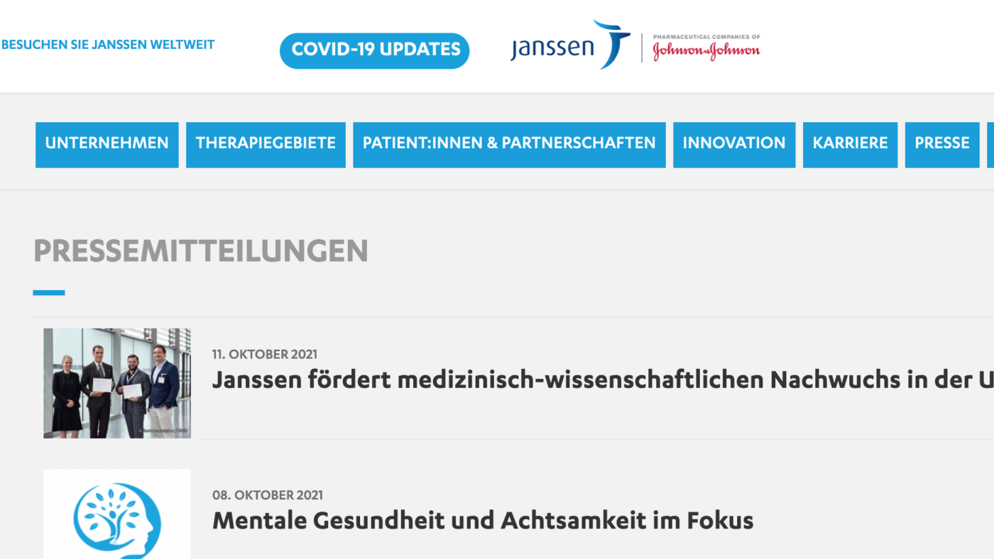 Esoterik-Schlagzeilen zur viel beschworenen 'Achtsamkeit' um 'Gesund' zu bleiben, als PR-Bestandteil der Pressearbeit unter anderem zur Jannsen Covid 19 Vaccine. Hier ein Screenshot von https://www.janssen.com/germany/pressemitteilungen.