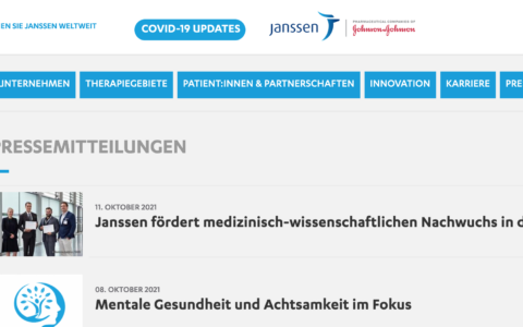 Esoterik-Schlagzeilen zur viel beschworenen 'Achtsamkeit' um 'Gesund' zu bleiben, als PR-Bestandteil der Pressearbeit unter anderem zur Jannsen Covid 19 Vaccine. Hier ein Screenshot von https://www.janssen.com/germany/pressemitteilungen.