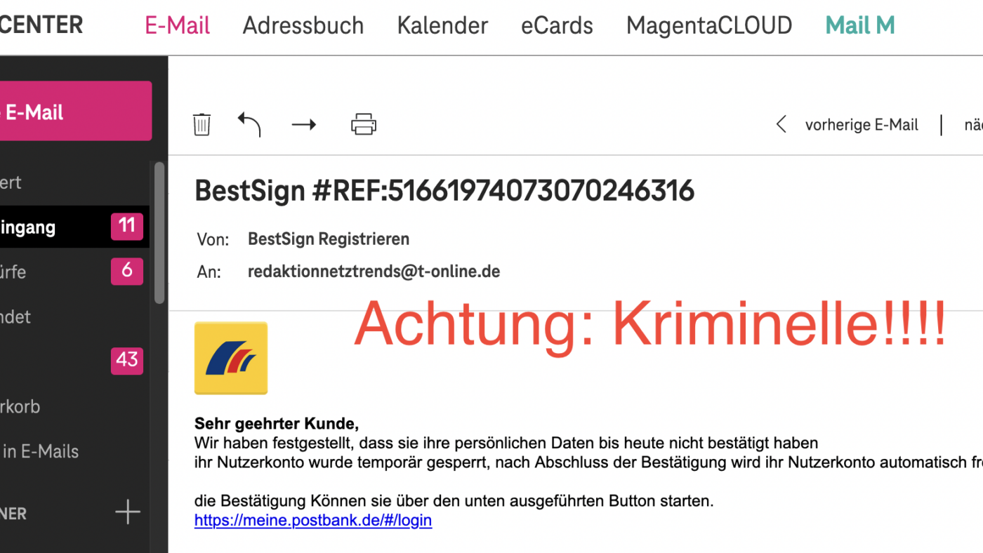 T-online schafft es seit Jahren immer wieder nicht, seine Tausenden E-Mail-Nutzer vor solchen kriminellen Mail-Atacken zu schützen.